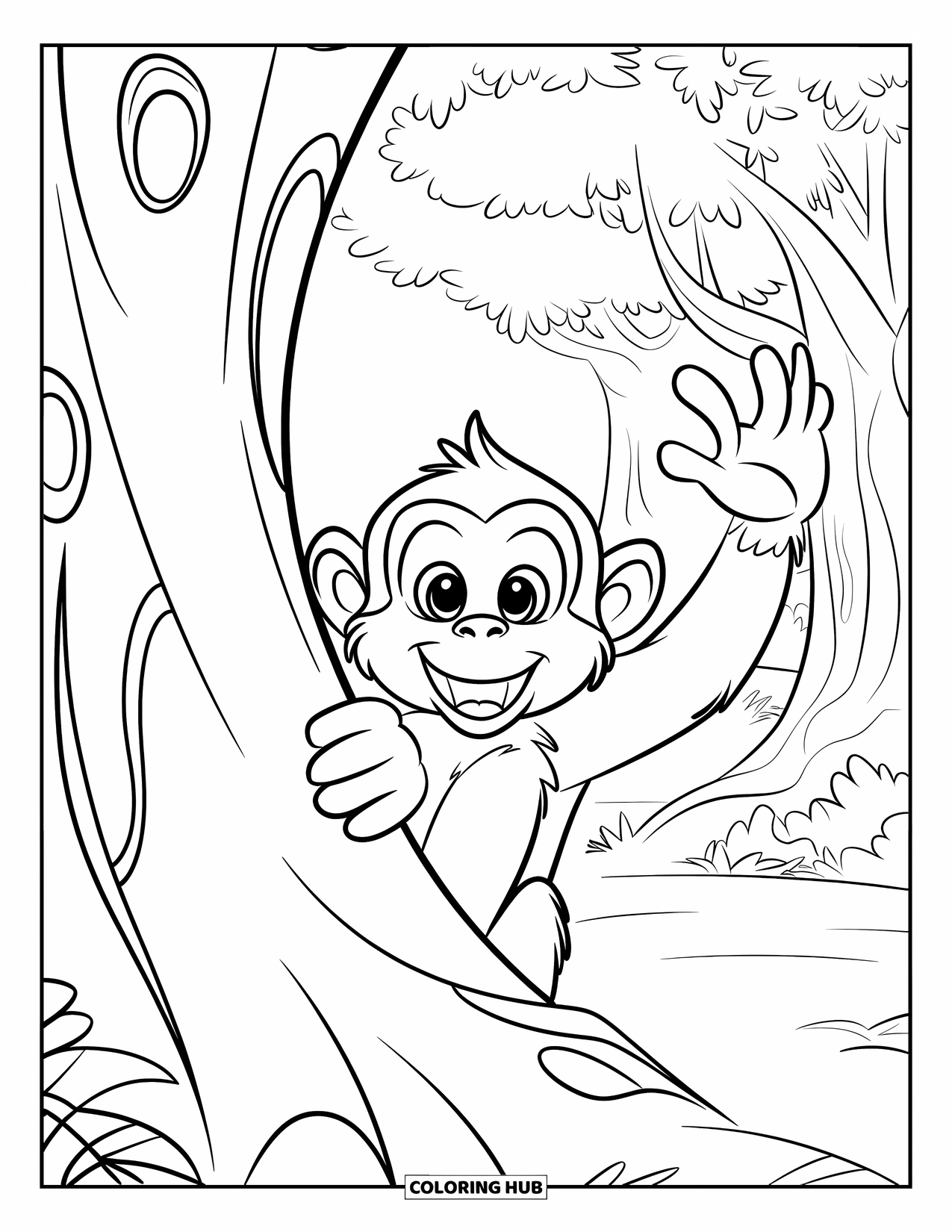 Monkey Coloring Page for Kids: A smiling monkey raises its arms while peeking from a patterned tree trunk