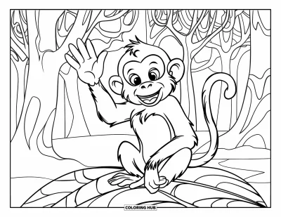 Dibujo de monos para colorear para niños: Un mono sonriente se sienta sobre una hoja y saluda desde una escena de bosque