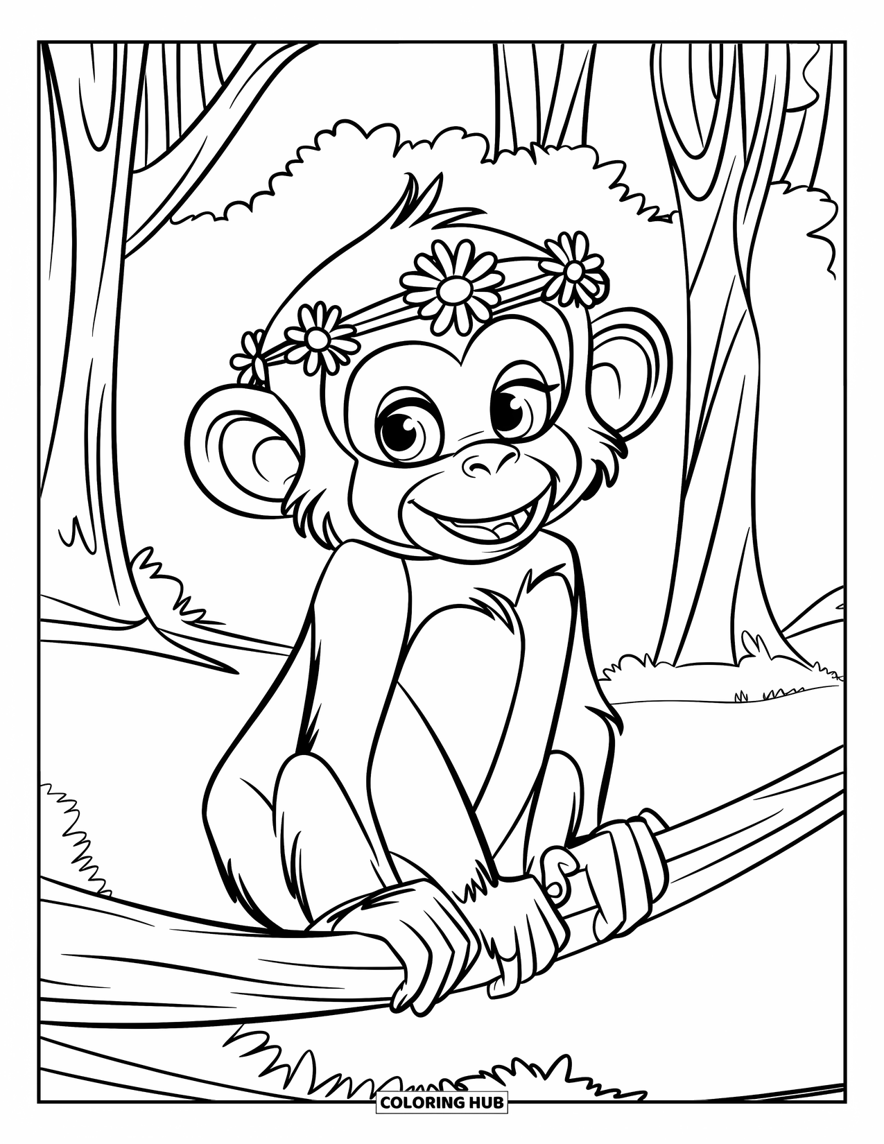 Monkey Coloring Page for Kids: A smiling monkey with a flower crown hangs onto a branch in a green forest