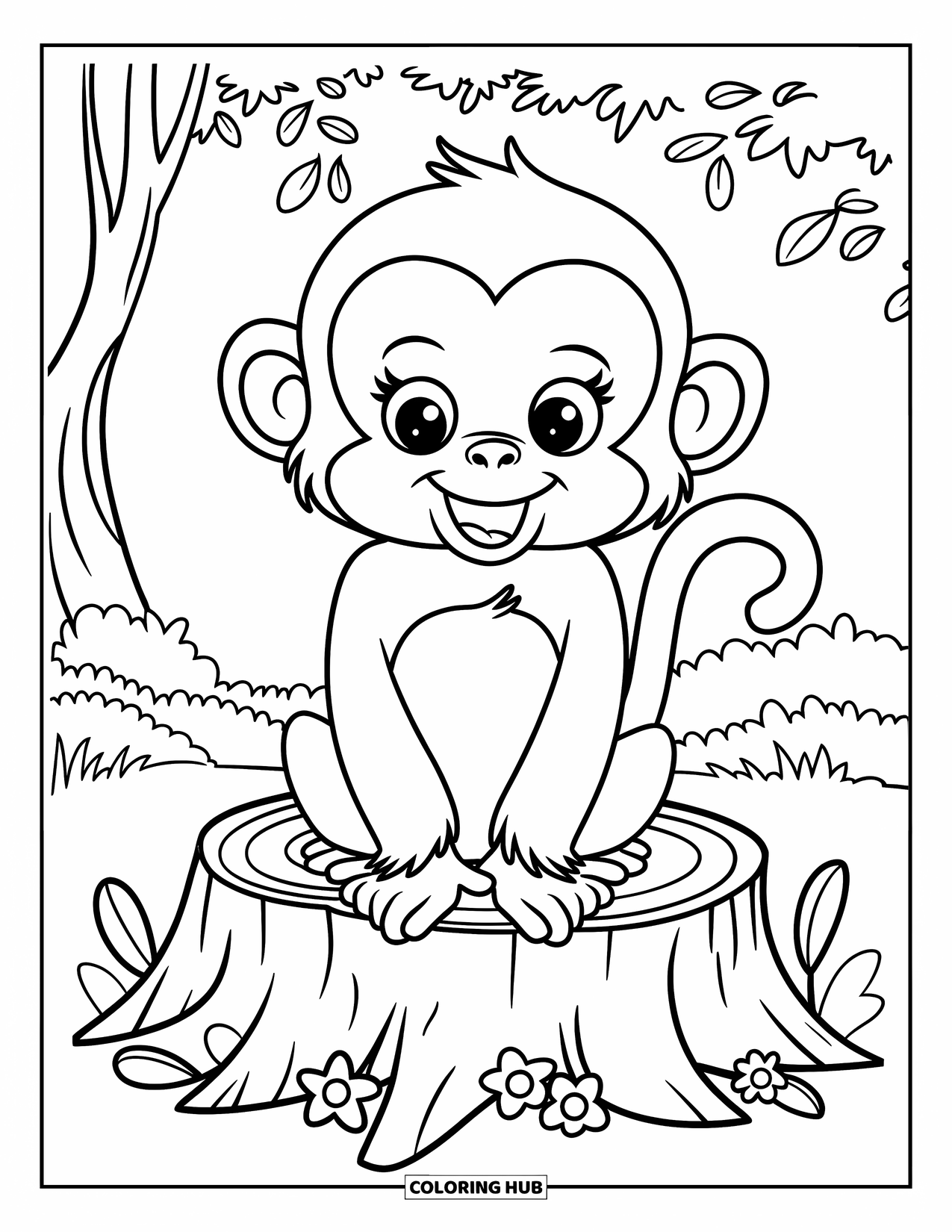 Monkey Coloring Page for Kids: A sweet monkey sits on a tree stump surrounded by flowers in the forest