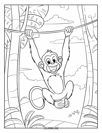 Dibujo de monos para colorear para niños: Un mono de boca ancha se balancea en una liana entre árboles frondosos y nubes esponjosas