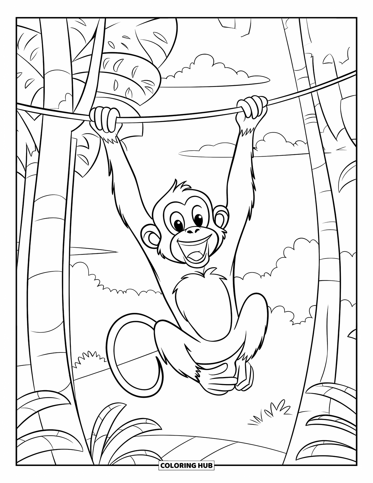 Monkey Coloring Page for Kids: A wide-mouth monkey swings on a vine between leafy trees and puffy clouds