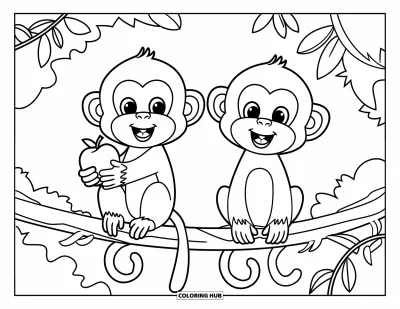 Dibujo de monos para colorear para niños: Dos monos se sientan en una rama cubierta de lianas, uno sostiene una manzana roja brillante