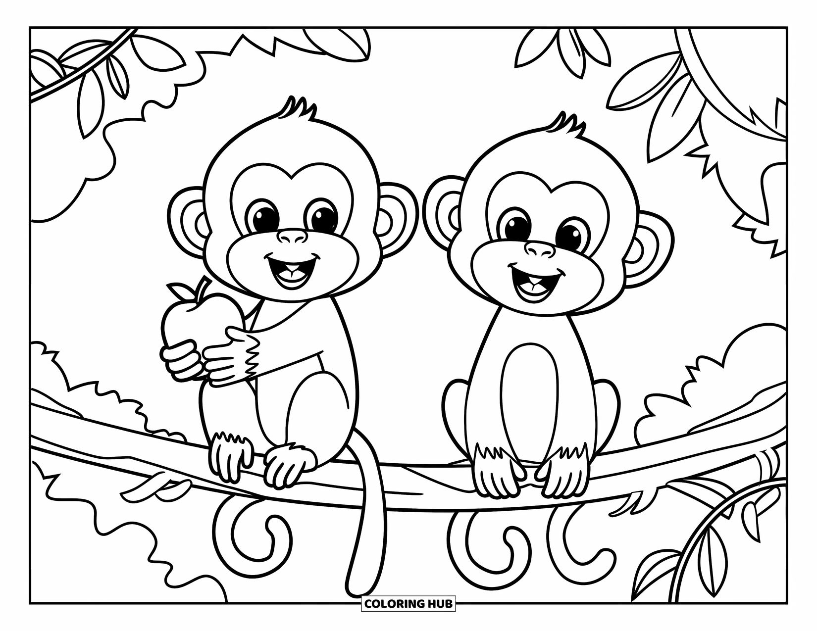 Monkey Coloring Page for Kids: Two monkeys sit on a vine-covered branch, one holding a shiny red apple