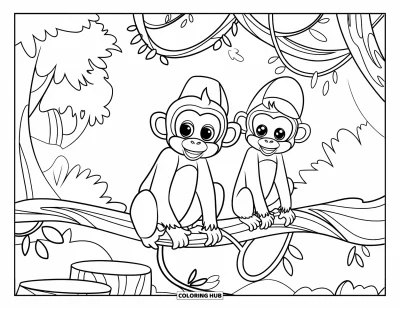 Dibujo de monos para colorear para niños: Dos monos con sombreros se sientan en una liana cerca de una antigua estructura de piedra en el bosque