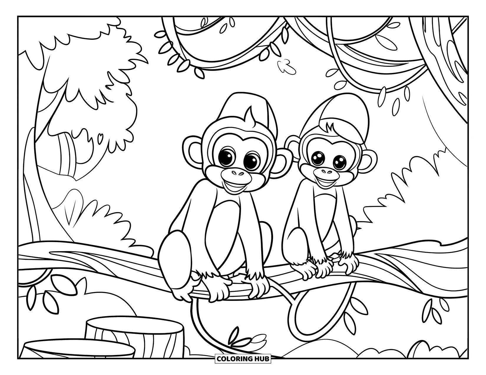 Monkey Coloring Page for Kids: Two monkeys wearing hats sit on a vine near an old stone structure in the forest