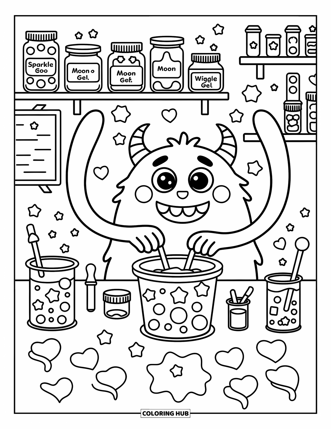 Dibujo de monstruo para colorear para adultos: Un monstruo alegre crea baba en un laboratorio divertido lleno de vasos de precipitados y frascos burbujeantes