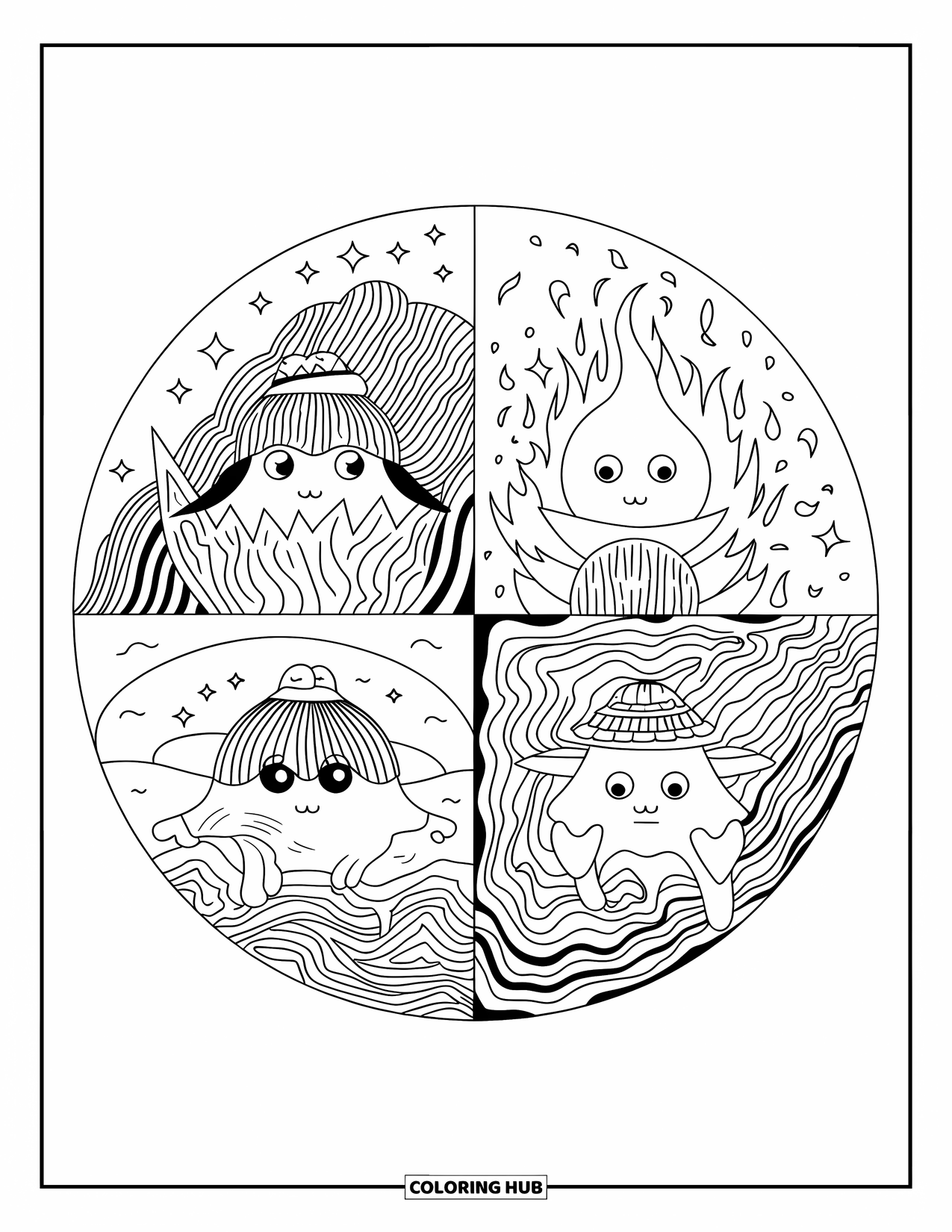 Dibujo de monstruo para colorear para adultos: Un mandala contiene cuatro criaturas, cada una con diferentes características elementales y pequeños sombreros