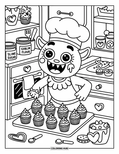 어른을 위한 괴물 색칠공부: 괴물이 하트 모양 김이 나는 컵케이크를 굽고, 괴물 모양 쿠키 단지가 놓여 있다