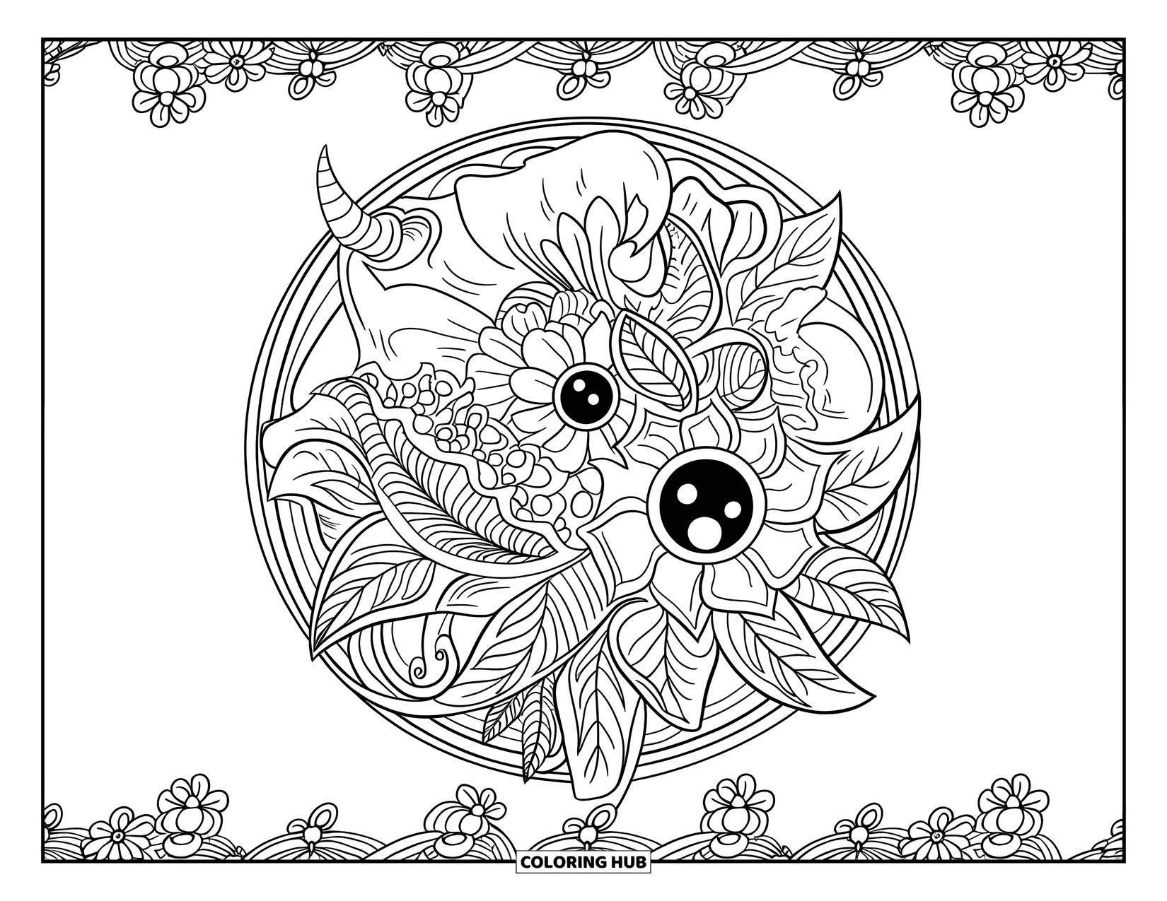 Dibujo de monstruo para colorear para adultos: Los ojos y la boca de un monstruo se transforman en flores dentro de un mandala arremolinado