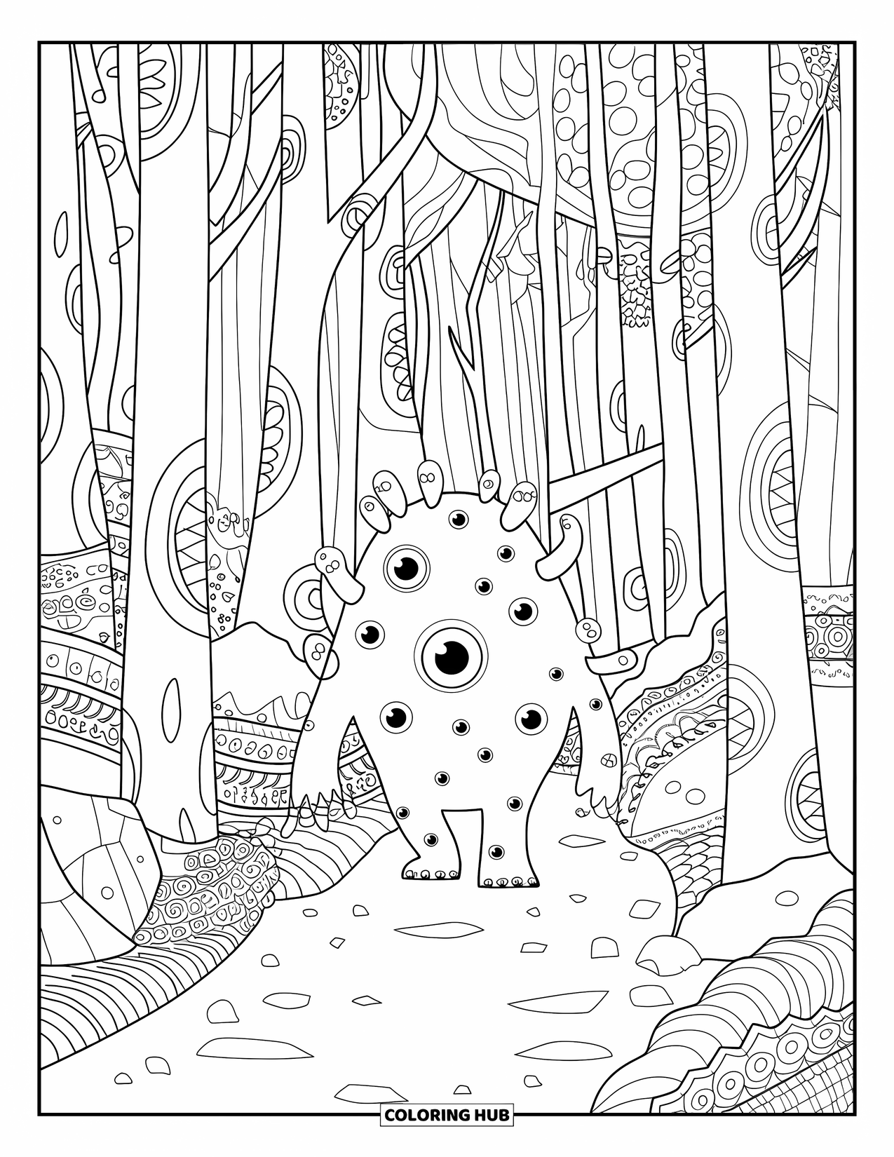 Dibujo de monstruo para colorear para adultos: Un monstruo de múltiples ojos explora un sendero de linternas en un bosque de árboles delgados y rocas