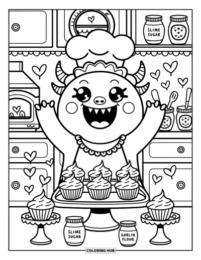 어른을 위한 괴물 색칠공부: 프릴 앞치마를 입은 웃는 괴물이 달콤한 간식 가득한 주방에서 프로스팅을 올린다