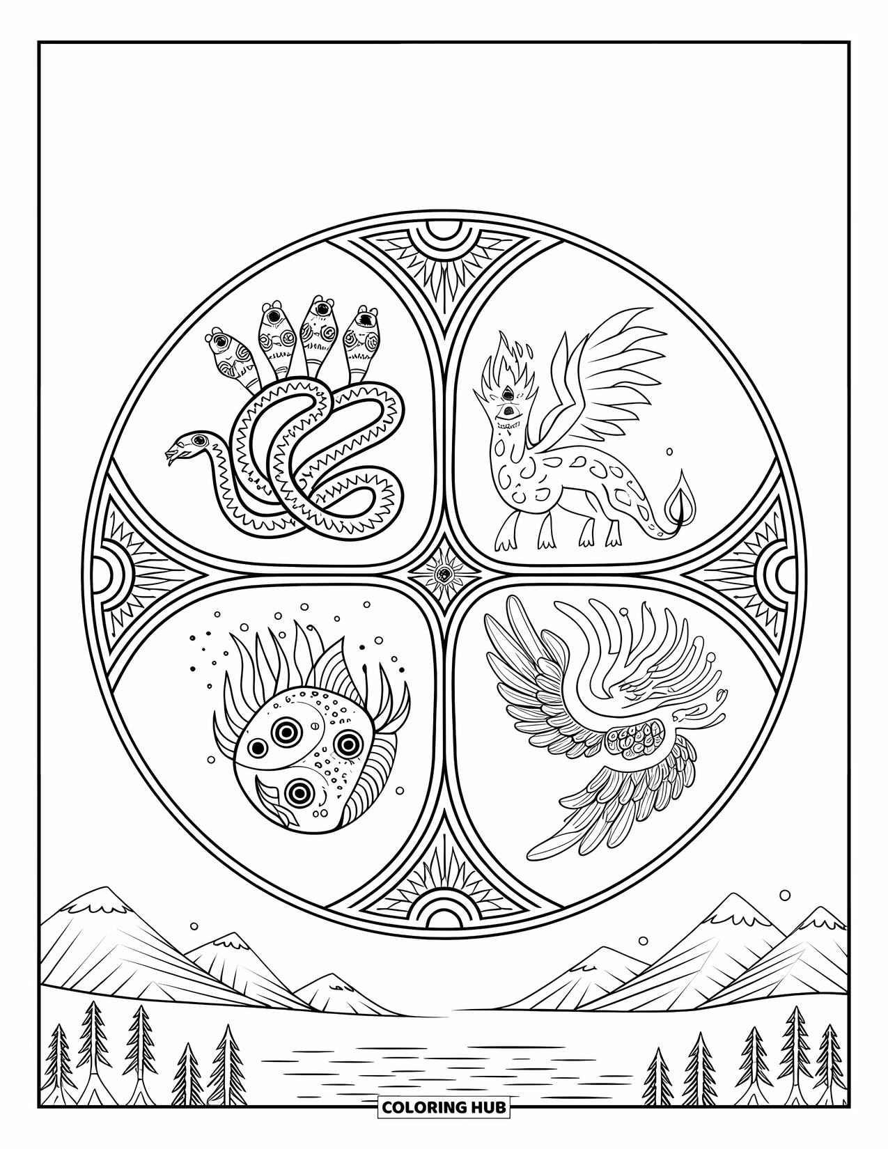 Dibujo de monstruo para colorear para adultos: Cada cuadrante de este mandala muestra una criatura elemental única en un entorno natural