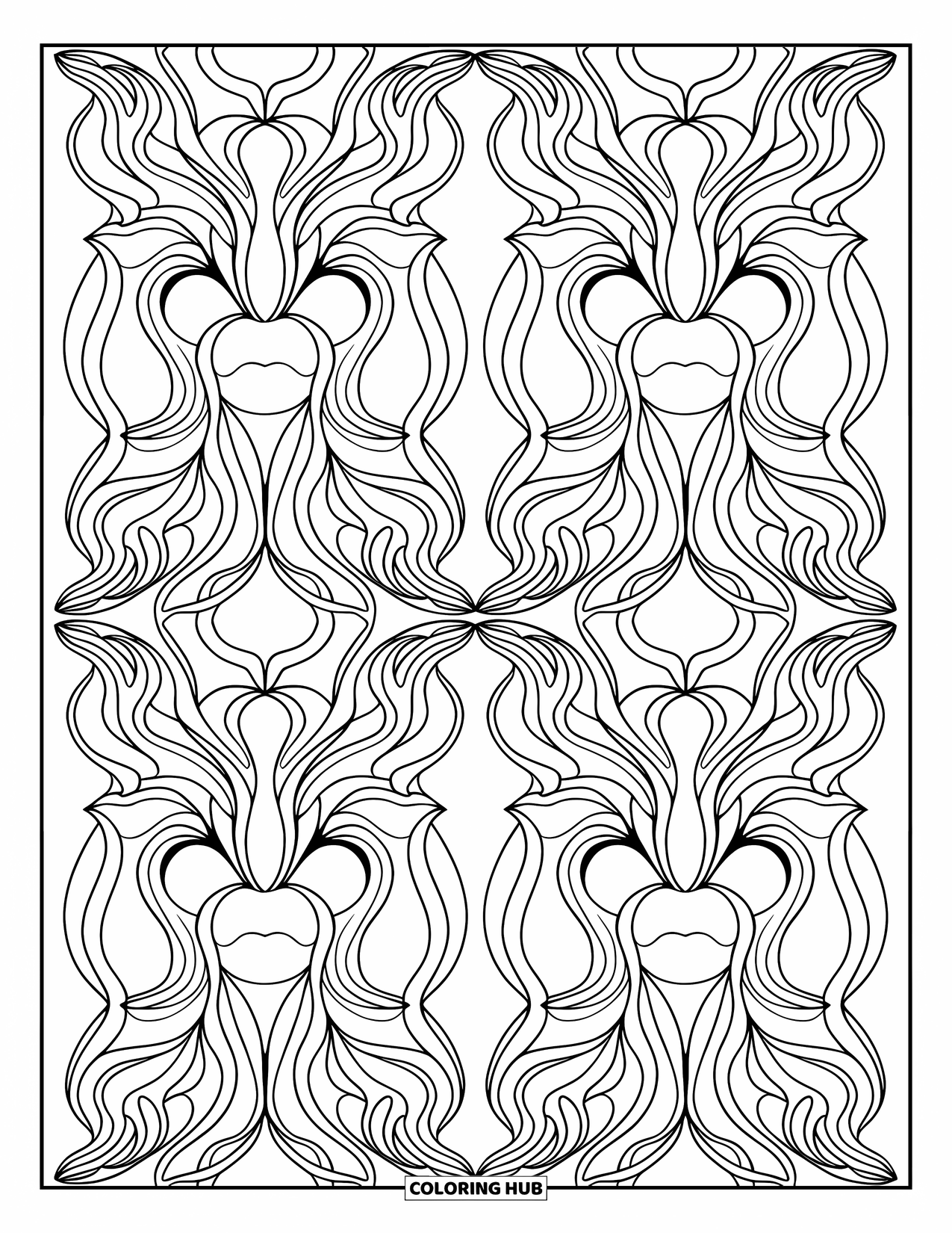 Dibujo de monstruo para colorear para adultos: Caras de monstruos elegantes se repiten en la página con tentáculos arremolinados y ojos grandes