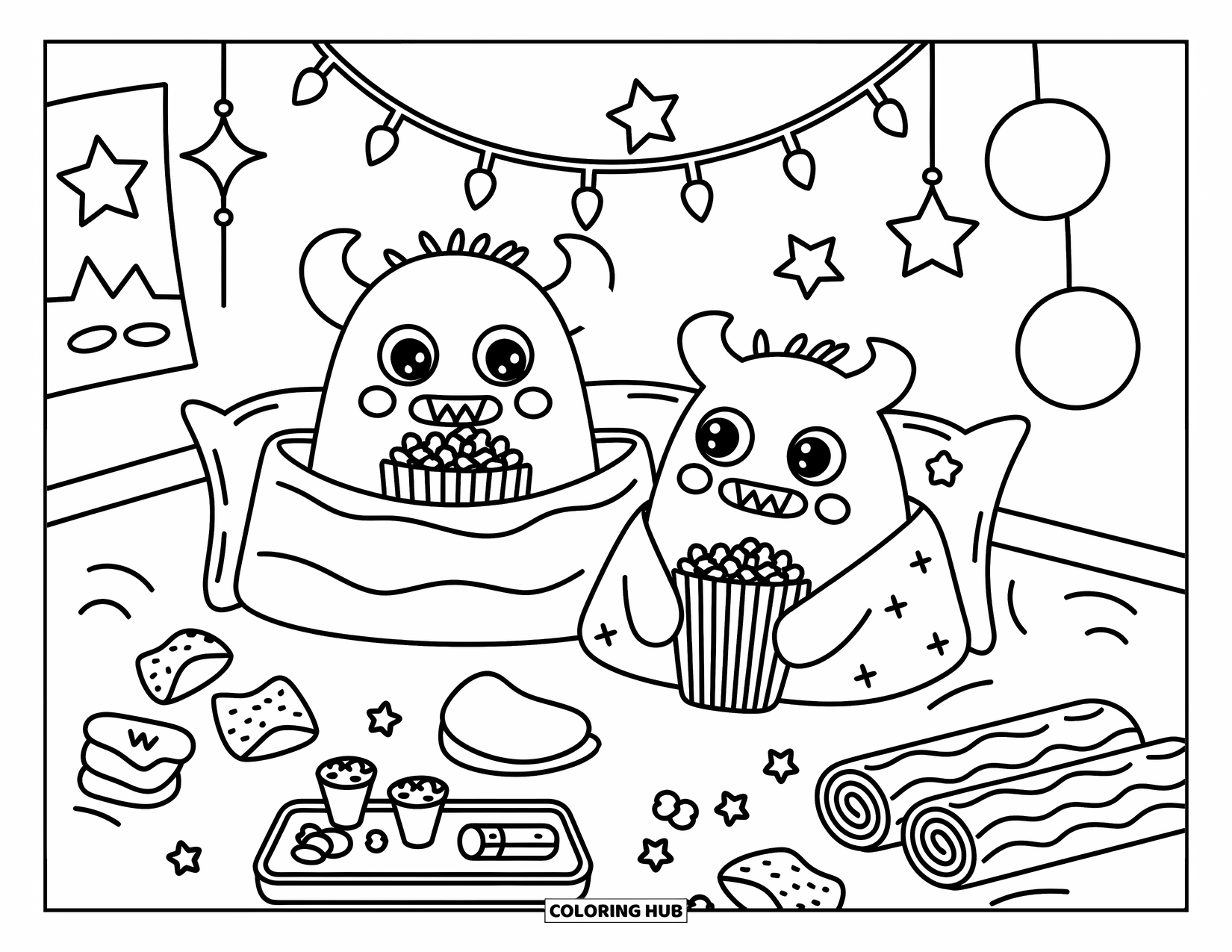 Dibujo de monstruo para colorear para adultos: Dos monstruos tienen una pijamada acogedora dentro de un fuerte de almohadas con palomitas de maíz y luces de hadas