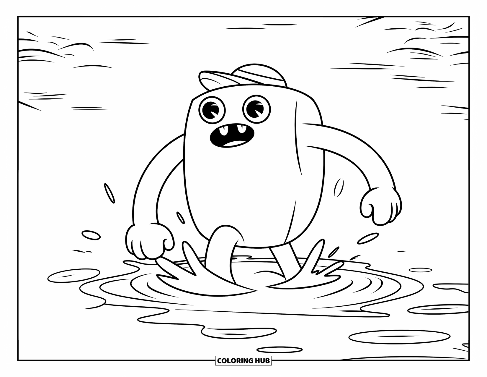 Dibujo de monstruo para colorear para niños: Un monstruo cuadrado salta en un charco y hace grandes salpicaduras