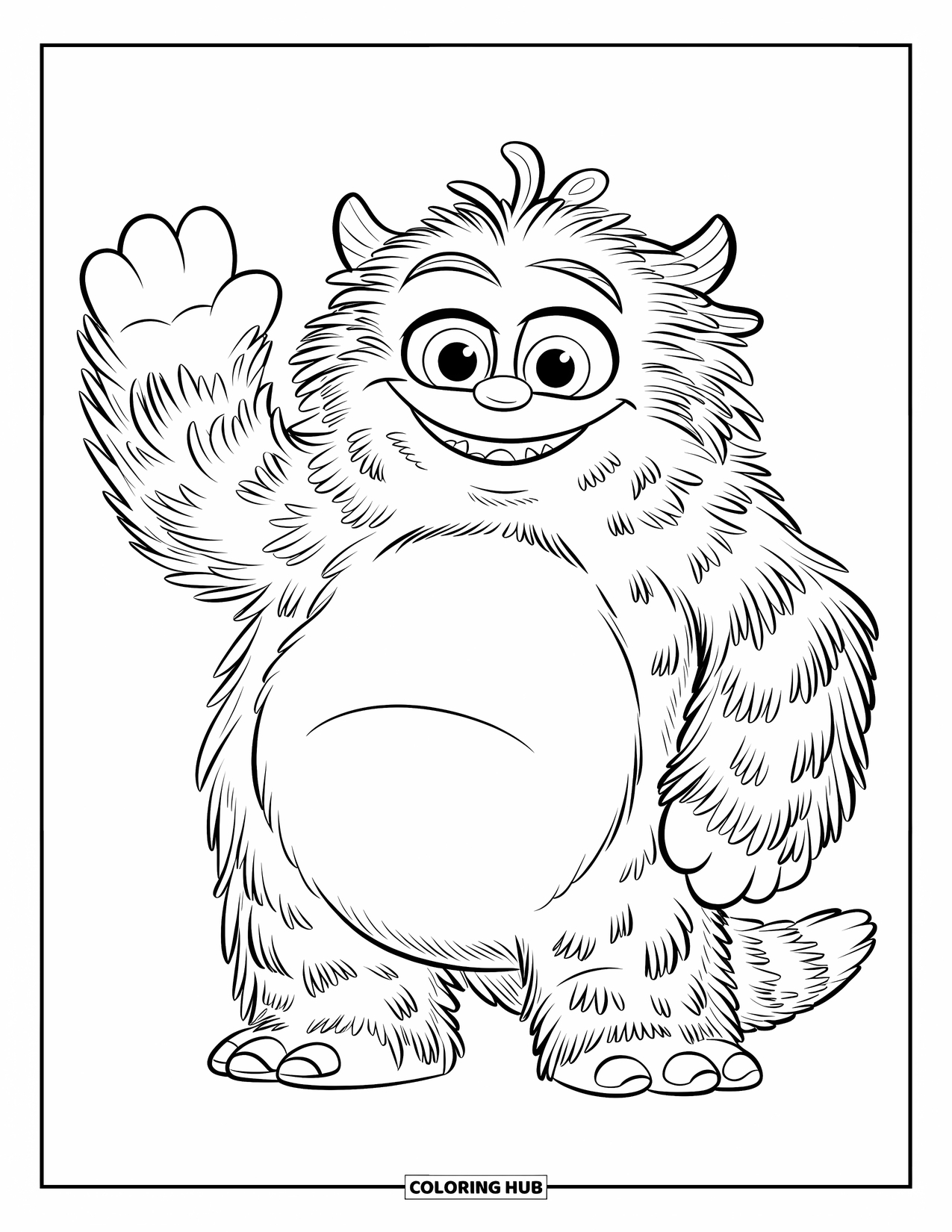 Dibujo de monstruo para colorear para niños: Un monstruo alegre con una gran barriga saluda juguetonamente sobre un fondo en blanco