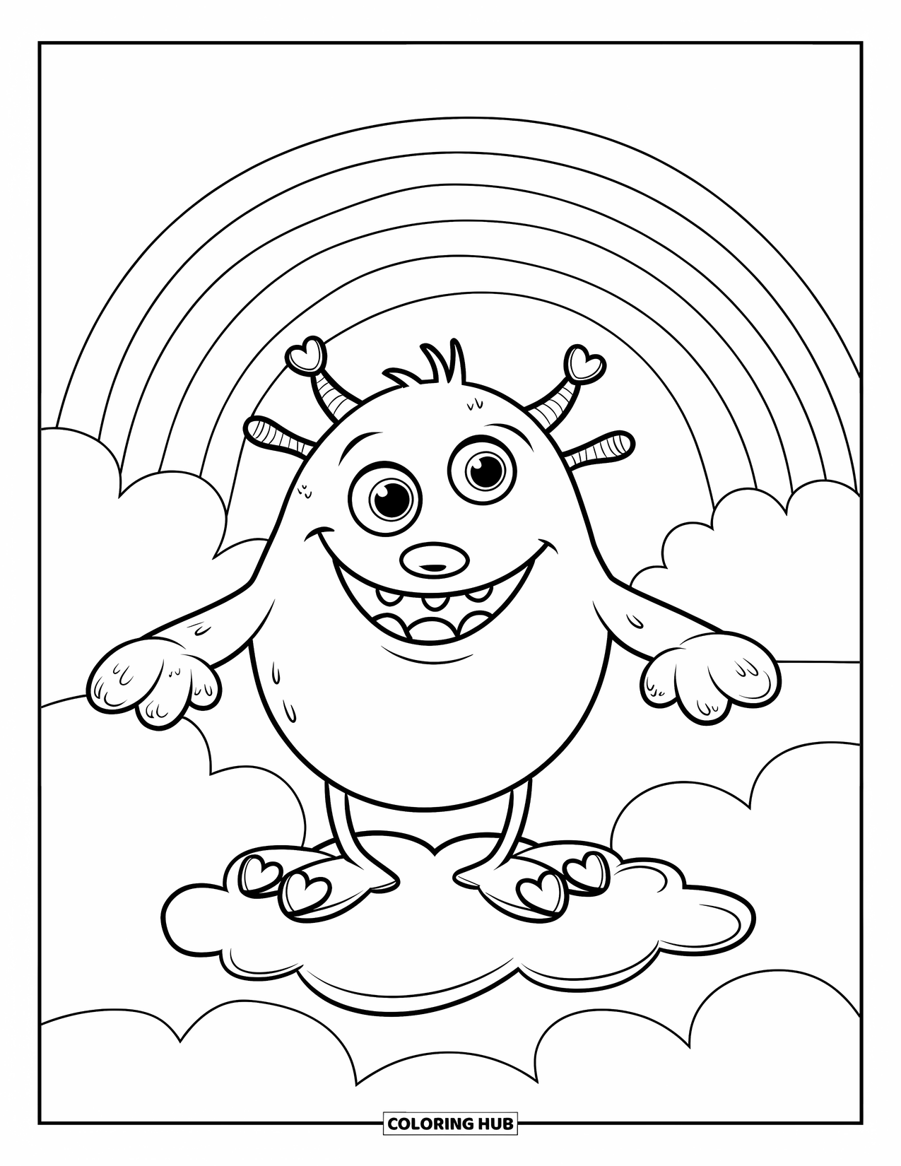 Dibujo de monstruo para colorear para niños: Un monstruo alegre con pies en forma de corazón sonríe en una nube debajo de un arcoíris