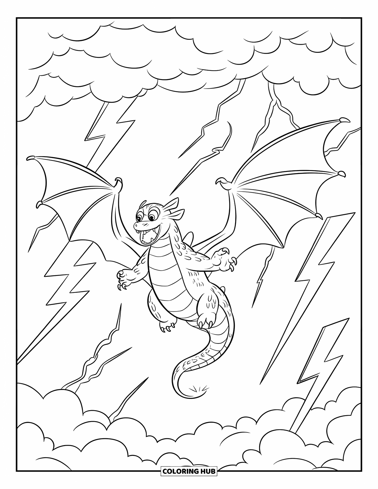Dibujo de monstruo para colorear para niños: Un monstruo con forma de dragón se eleva a través de nubes de tormenta con relámpagos que brillan a su alrededor