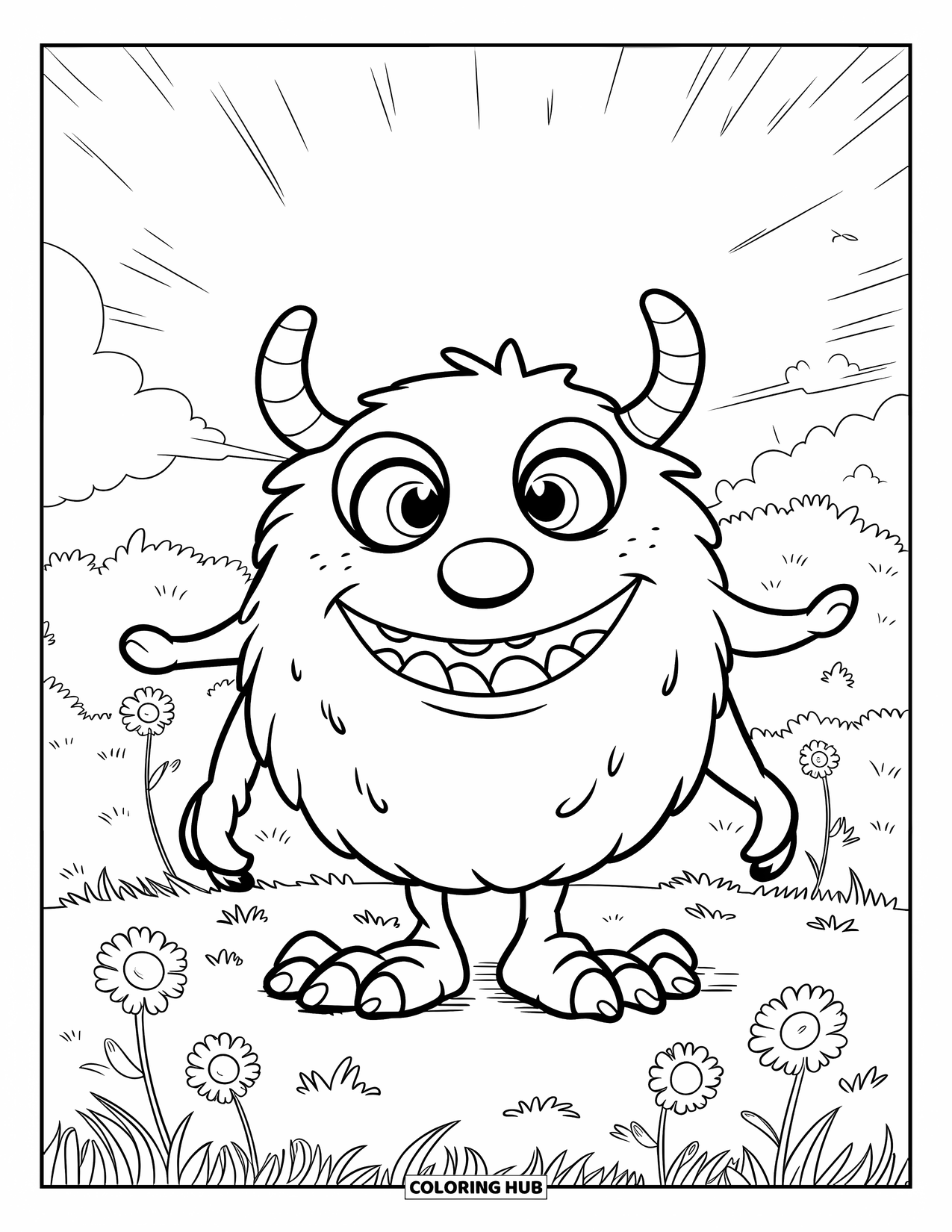 Dibujo de monstruo para colorear para niños: Un monstruo feliz de cuatro patas con pies de corazón se encuentra en un campo soleado de flores