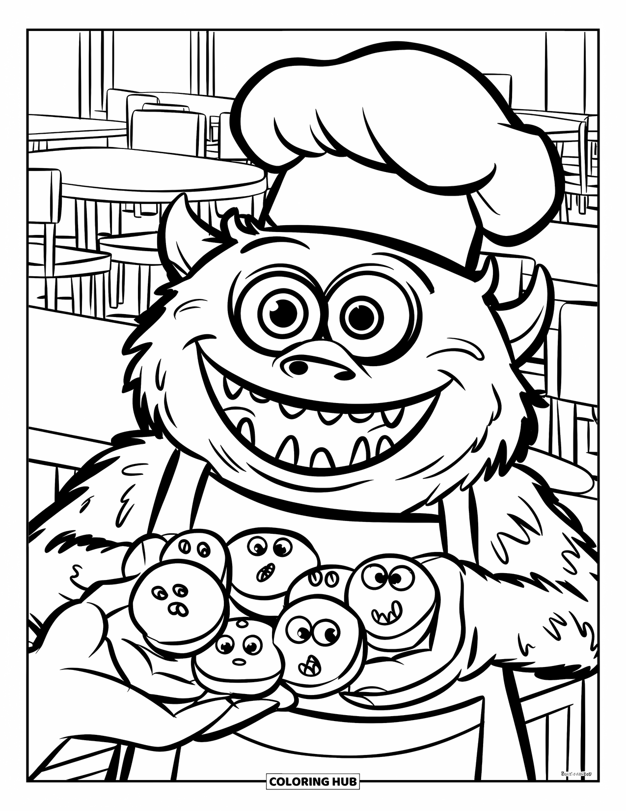 Dibujo de monstruo para colorear para niños: Un monstruo feliz comparte galletas con forma de monstruo mientras usa un delantal y un gorro de chef