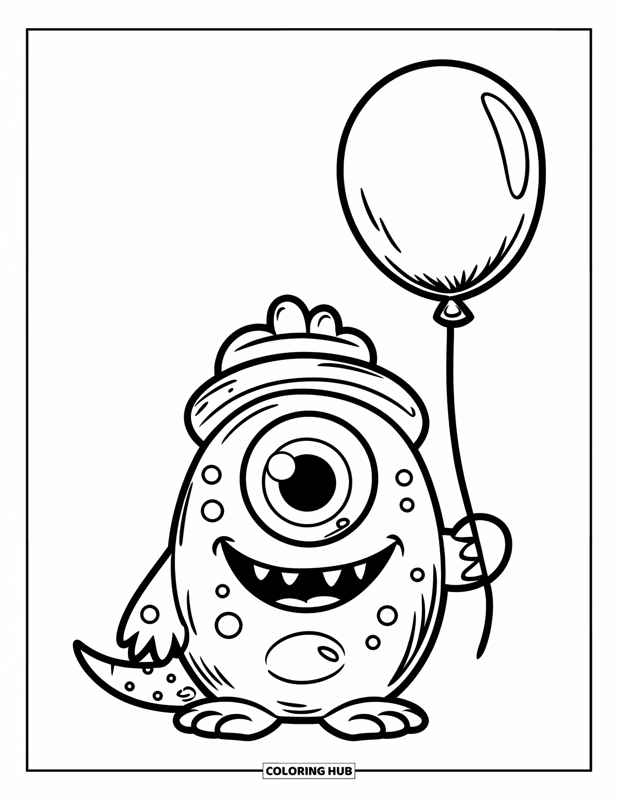 Dibujo de monstruo para colorear para niños: Un pequeño monstruo con un globo y un sombrero se encuentra en un espacio vacío