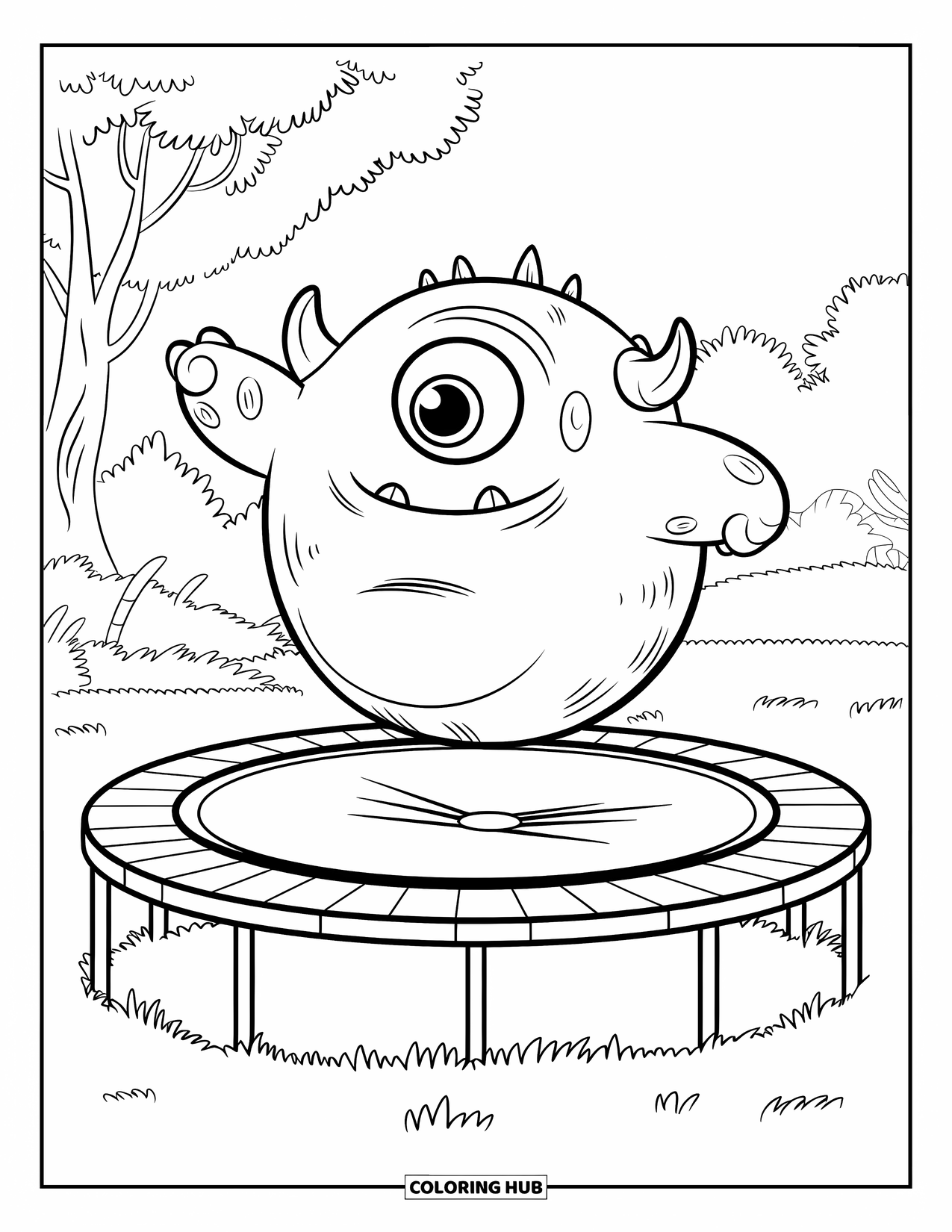 Dibujo de monstruo para colorear para niños: Un monstruo redondo salta en una cama elástica rodeada de árboles y cielo abierto