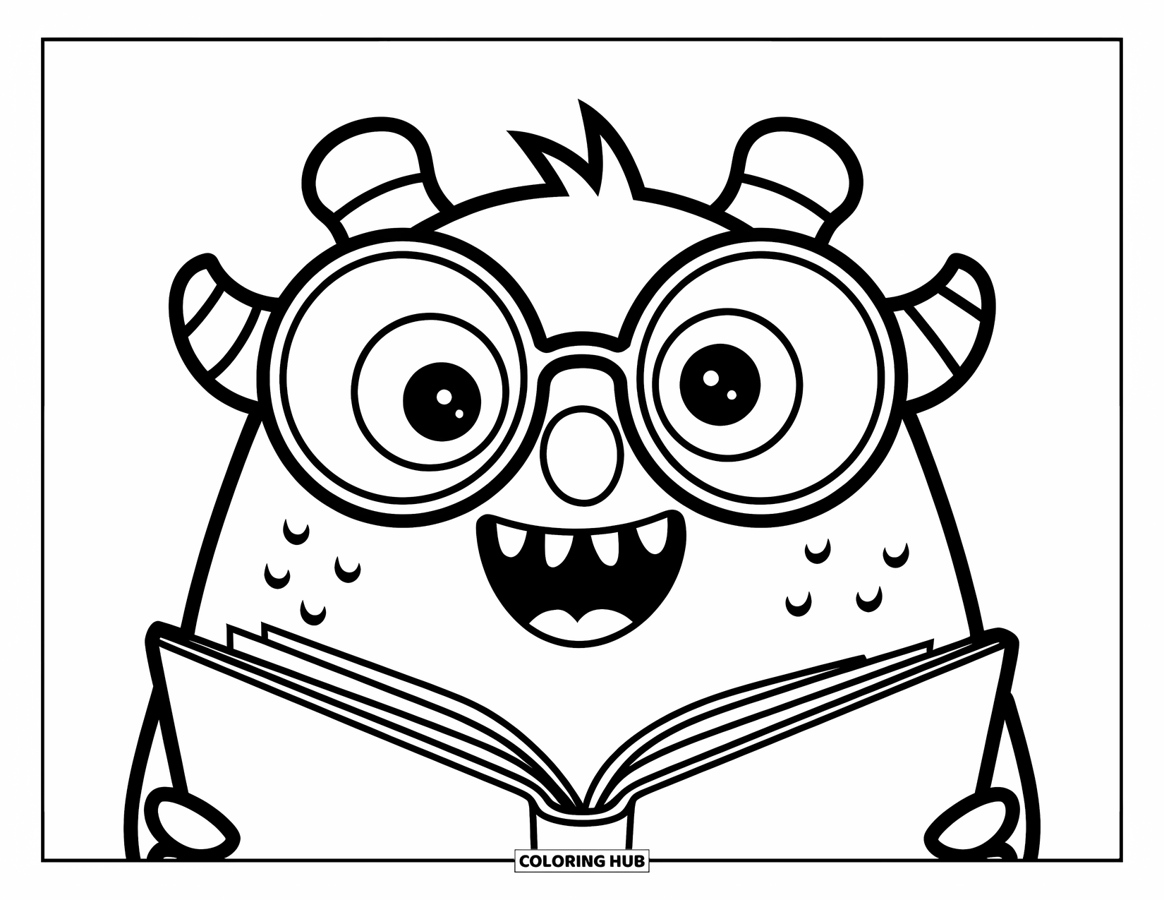 Dibujo de monstruo para colorear para niños: Un monstruo tonto con gafas grandes sostiene un libro con una sonrisa pícara