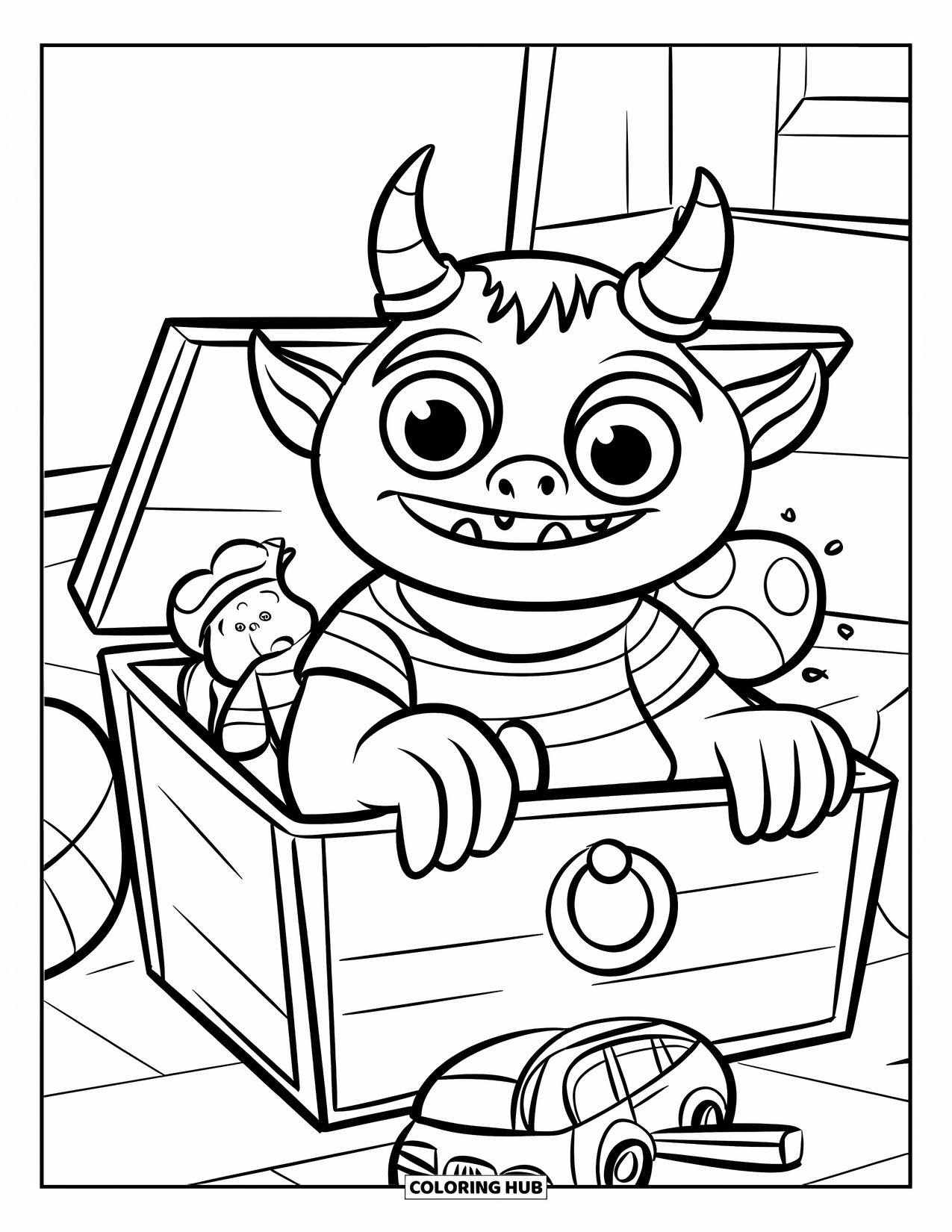 Dibujo de monstruo para colorear para niños: Un monstruo con una camiseta de rayas sale de una caja de juguetes de madera llena de juguetes divertidos
