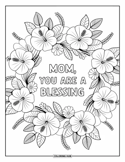 Omalovánka ke Dni matek pro dospělé: Květinová mandala s rozkvetlými okvětními lístky rámuje nápis "Mom, You Are a Blessing"