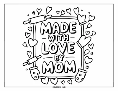 Omalovánka ke Dni matek pro dospělé: Milý rámeček z pečicího náčiní obklopuje nápis "Made With Love by Mom"