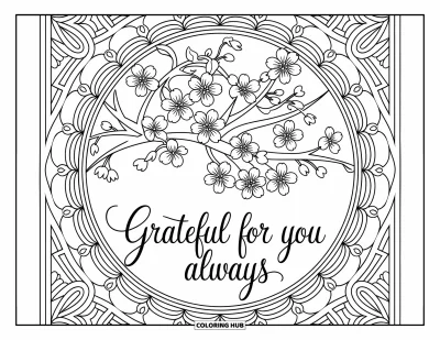 Omalovánka ke Dni matek pro dospělé: Kaligrafie a květinová mandala rámují "Grateful for You Always"