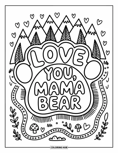 Omalovánka ke Dni matek pro dospělé: Roztomilé přírodní kresbičky rámují slova "Love You, Mama Bear"