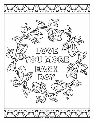 Omalovánka ke Dni matek pro dospělé: Elegantní květinové vzory rámují "Love You More Each Day" v listové mandale