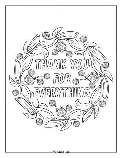 Omalovánka ke Dni matek pro dospělé: Mandala z popínavých rostlin a květin rámuje nápis "Thank You for Everything"