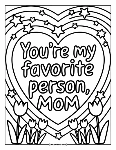 Omalovánka ke Dni matek pro dospělé: Jemné tulipány a hřejivé kresbičky obklopují nápis "You're My Favorite Person, Mom"