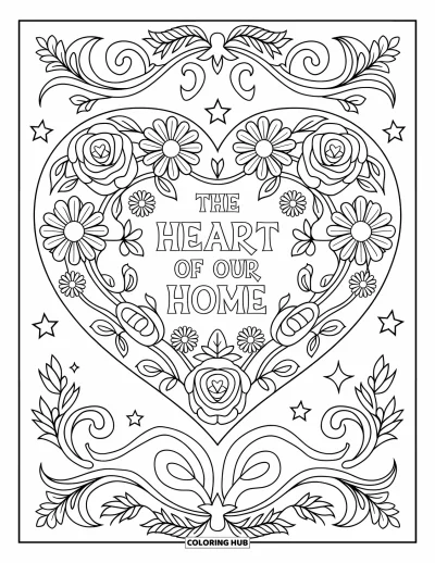 Omalovánka ke Dni matek pro dospělé: Vířivá květinová mandala obkružuje nápis "The Heart of Our Home"