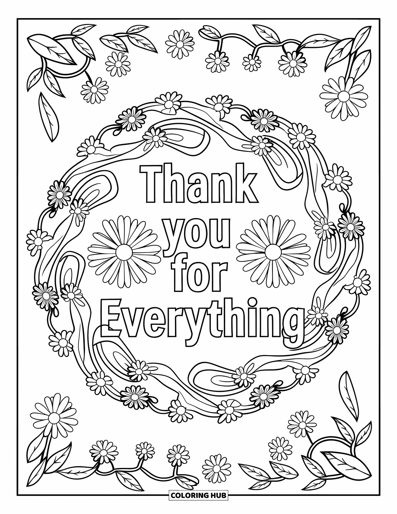 Mothers Day Coloring Page for Adults: "Thank You for Everything" rests inside swirling vines and daisies