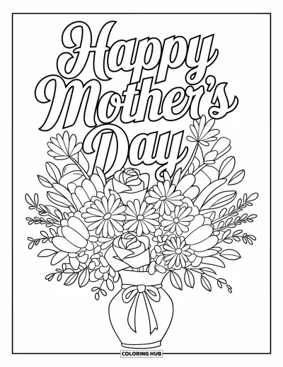 Omalovánka ke Dni matek pro děti: Veselá kytice s růžemi a sedmikráskami pod pozdravem "Happy Mother's Day"