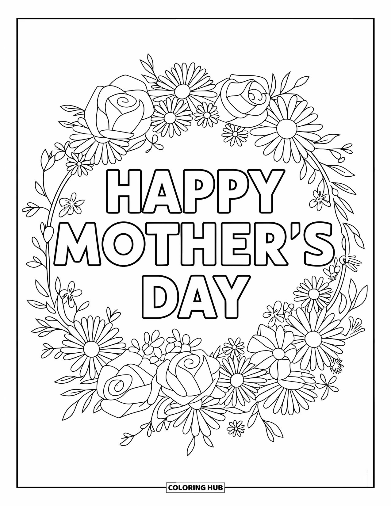 Mothers Day Coloring Page for Kids: A cheerful flower wreath holds the words "Happy Mother's Day