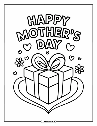 Omalovánka ke Dni matek pro děti: Veselá dárková krabička se stuhou a nápisem "Happy Mother's Day"