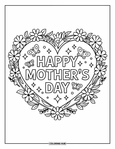 Omalovánka ke Dni matek pro děti: Srdce s nápisem "Happy Mother's Day" obklopené motýlky a květinami