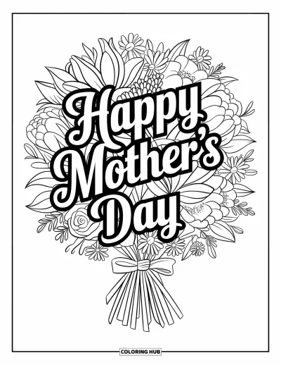 Omalovánka ke Dni matek pro děti: Krásná kytice květin se stuhou a nápisem "Happy Mother's Day"