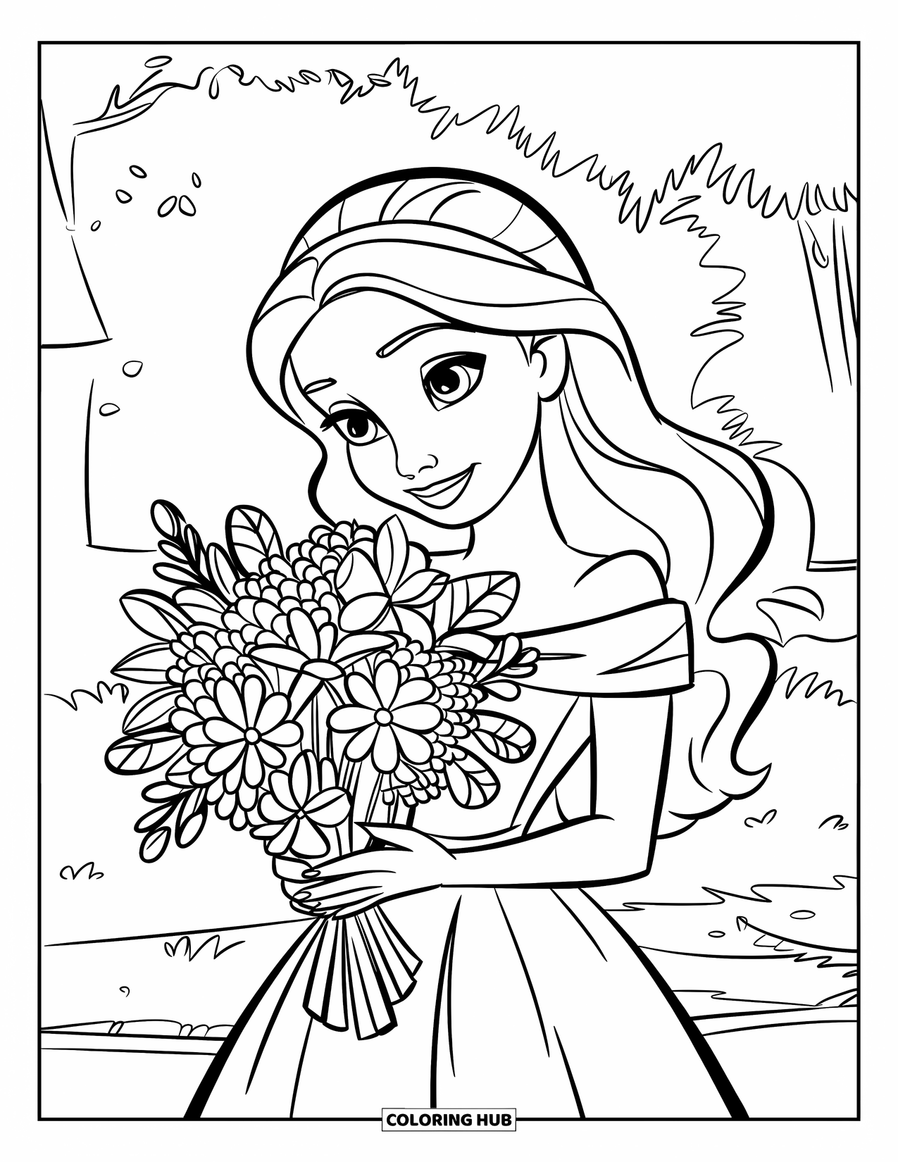 Mothers Day Coloring Page for Kids: A lovely mom with long hair holds a big bouquet in a green garden