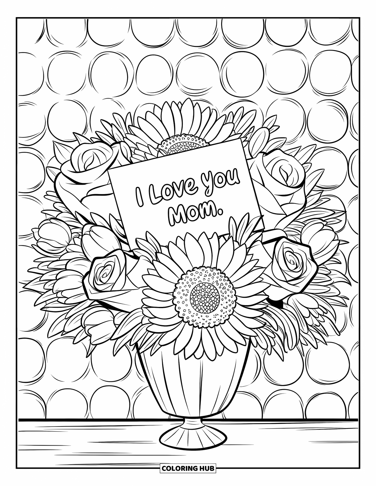 Mothers Day Coloring Page for Kids: A mix of flowers with a touching "I Love You Mom" card inside