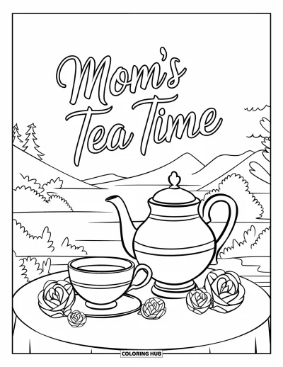 Omalovánka ke Dni matek pro děti: Poklidný čajový okamžik s květinami a výhledem s nápisem "Mom's Tea Time"