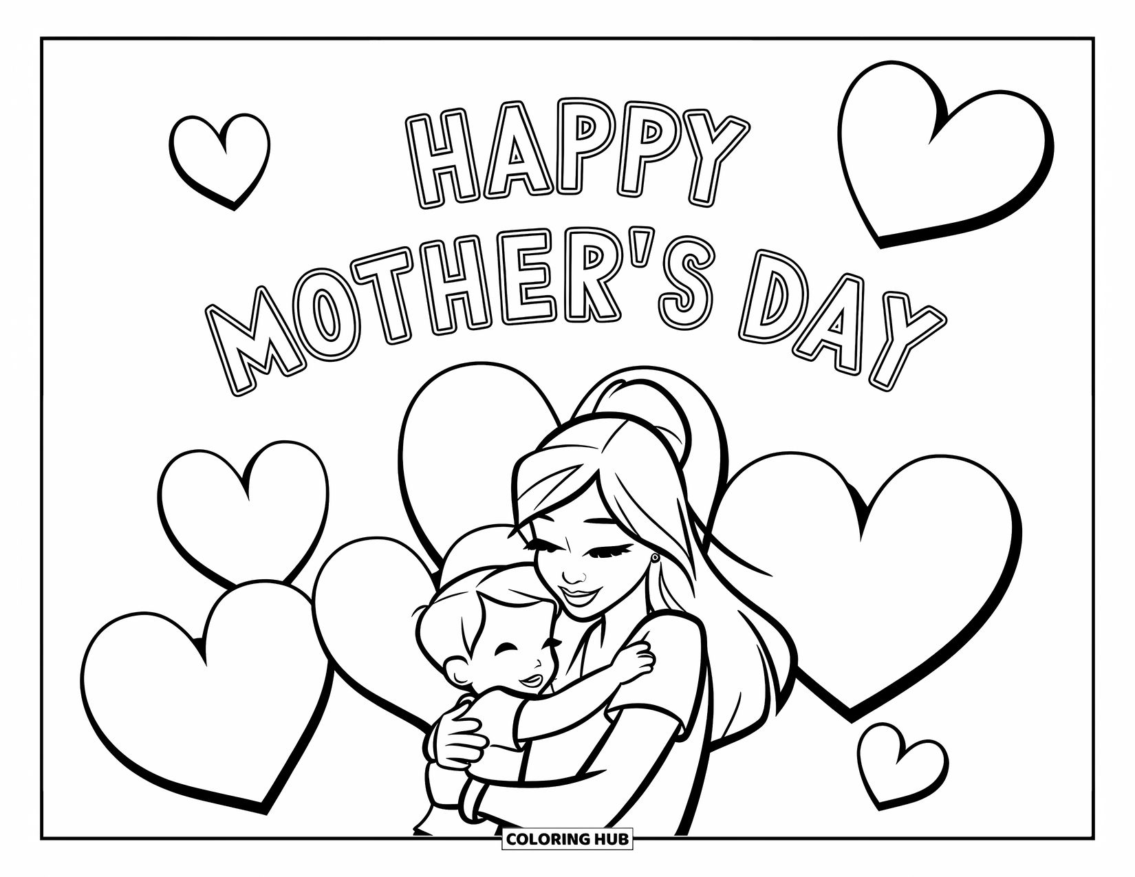 Mothers Day Coloring Page for Kids: A sweet embrace with hearts and the words "Happy Mother's Day" above
