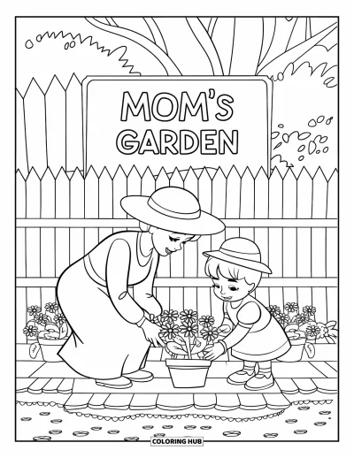 Omalovánka ke Dni matek pro děti: Milá zahradní scéna s maminkou, dítětem a cedulkou "Mom's Garden"