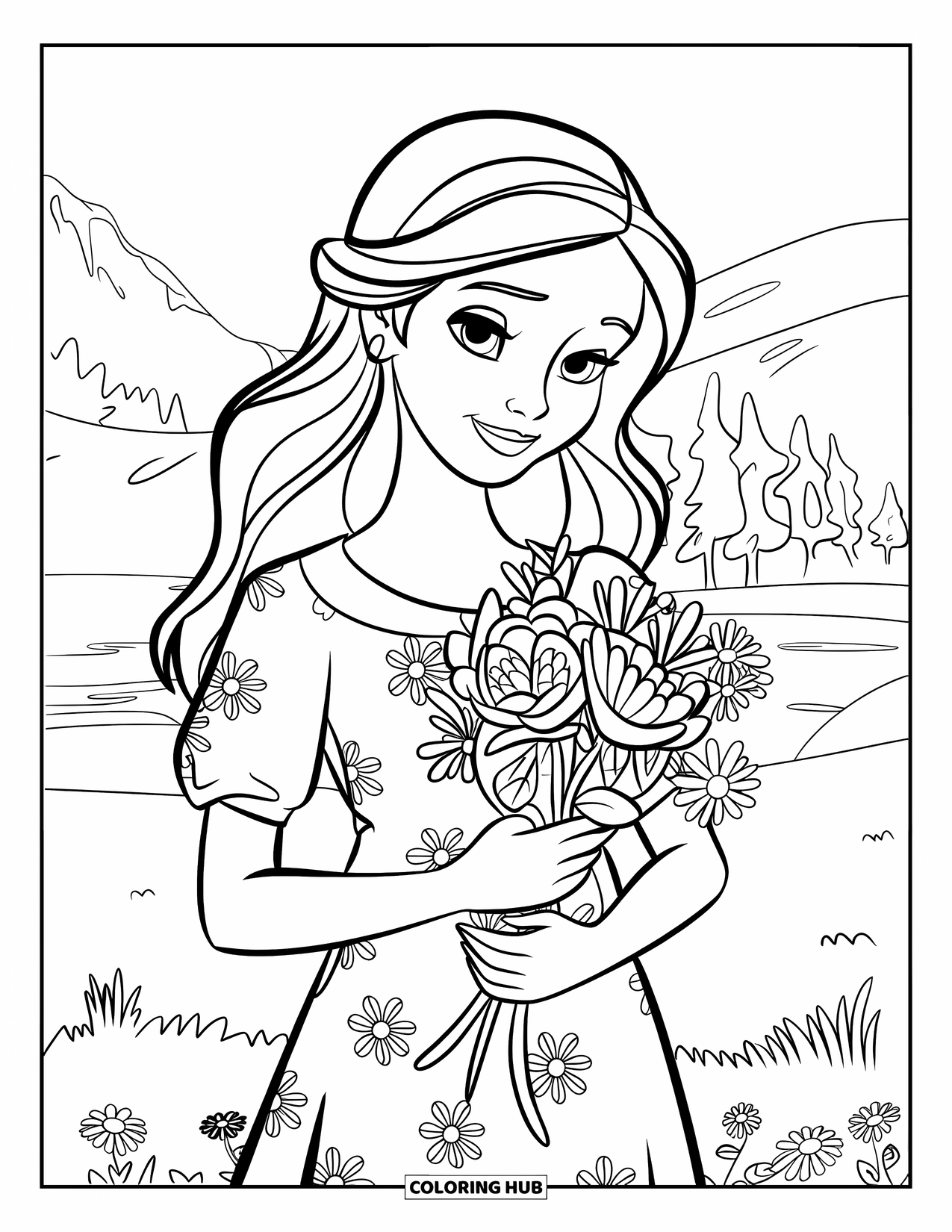Mothers Day Coloring Page for Kids: Beautiful mom with a flower bouquet stands in a peaceful nature scene