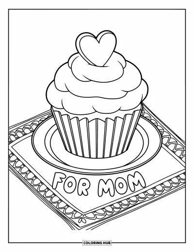 Omalovánka ke Dni matek pro děti: Cupcake na ubrousku se srdíčkovou ozdobou a nápisem "For Mom"